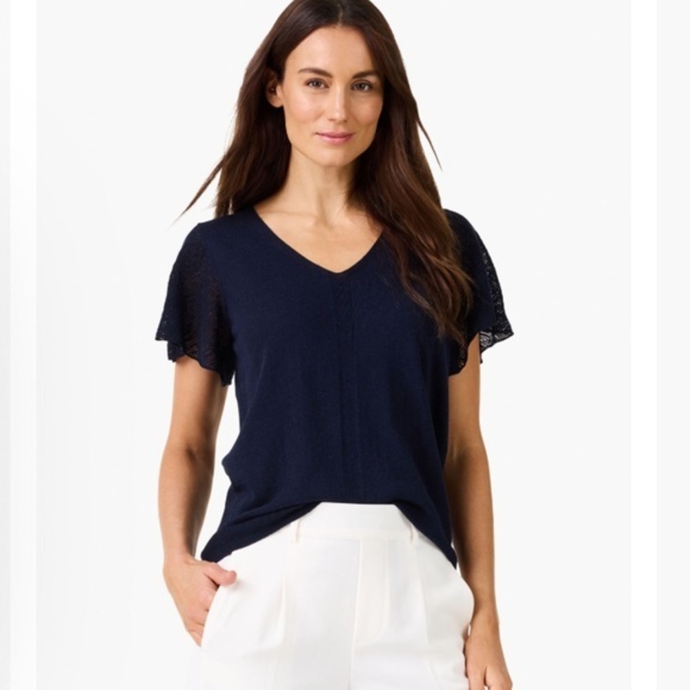 NWT Nic + Zoe Pointelle Short Sleeve Sweater Navy size large